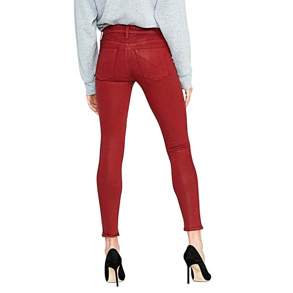 Hudson Nico Mid-Rise Super Skinny Ankle Jeans in Oxblood Wax Red - Picture 4 of 12